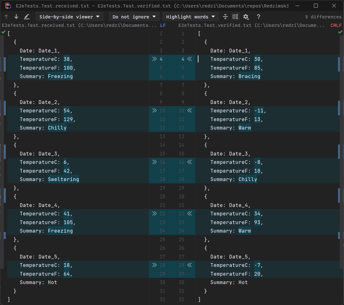 Window showing a Rider diff tool with two JSON values with differences highlighted