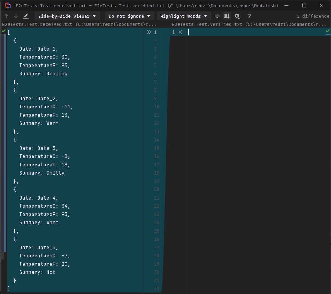 Window showing a Rider diff tool with a JSON value on the left, and empty on the right