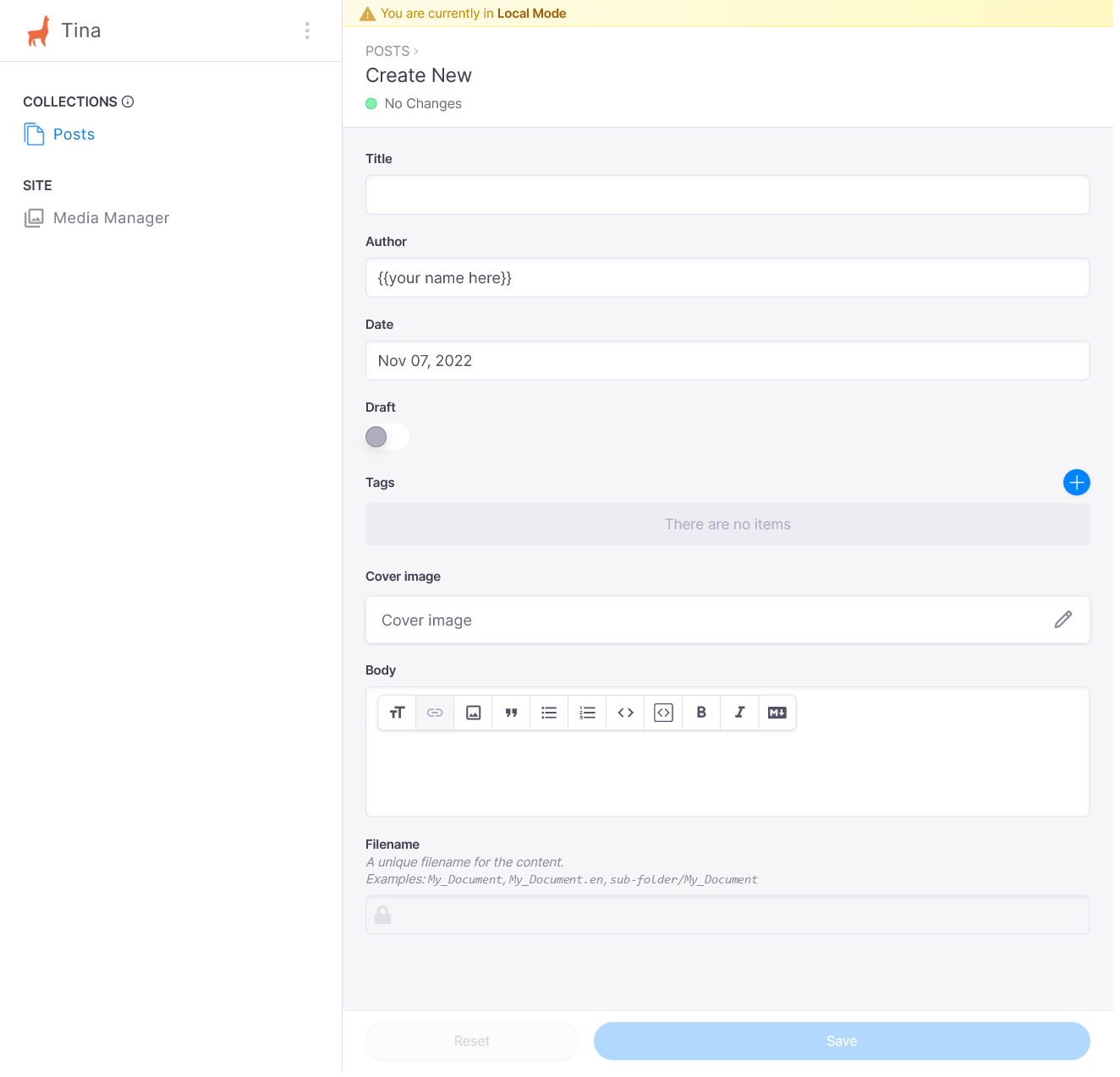 Tina admin panel showing post editing view with updated fields
